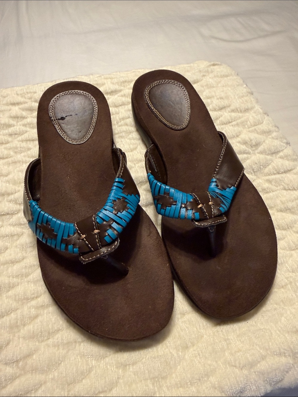 Ruff Hewn Sandals Womanโs Size 6.5 M Flip Flops Navajo Turquoise Brown Boho